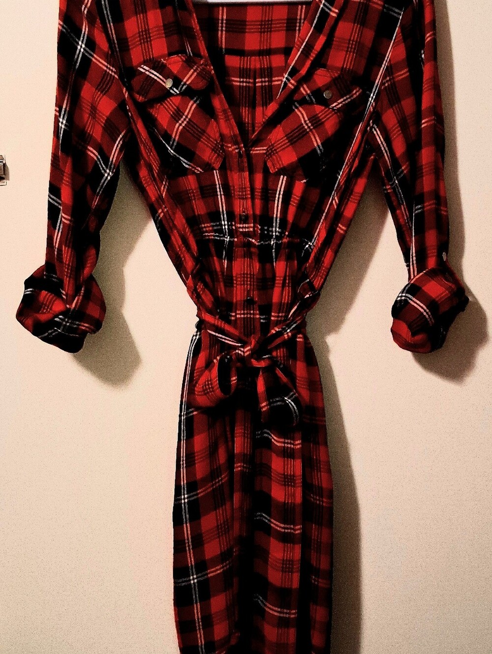 Express Red Plaid Shirt Dress with Tie Waist